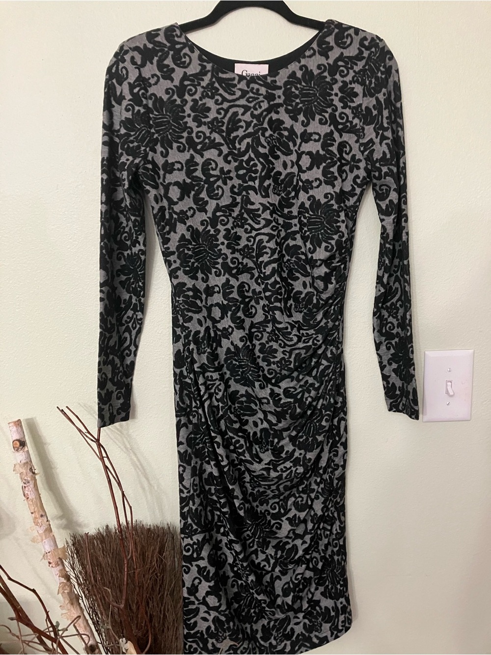 Ganni black and grey abstract filigree bodycon long sleeve midi dress